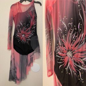 Lyrical skating solo dance costume black pink floral rhinestone ballet dress XLC